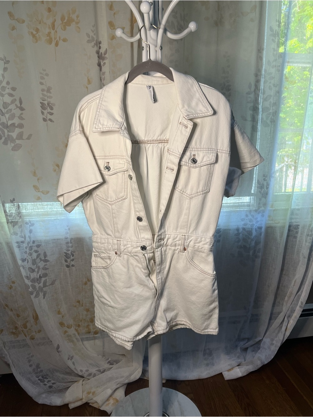 Zara White Short-Sleeve Denim Romper